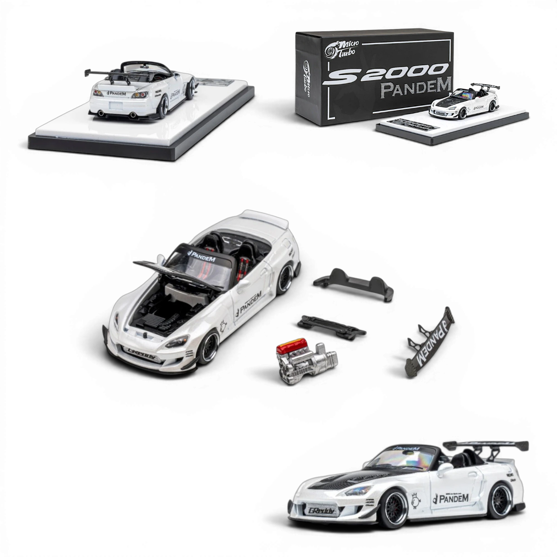Lot57Supplies Diecast Shop Microturbo Honda S2000 RB diecast model in metallic white, 1:64 scale with Pandem kit.