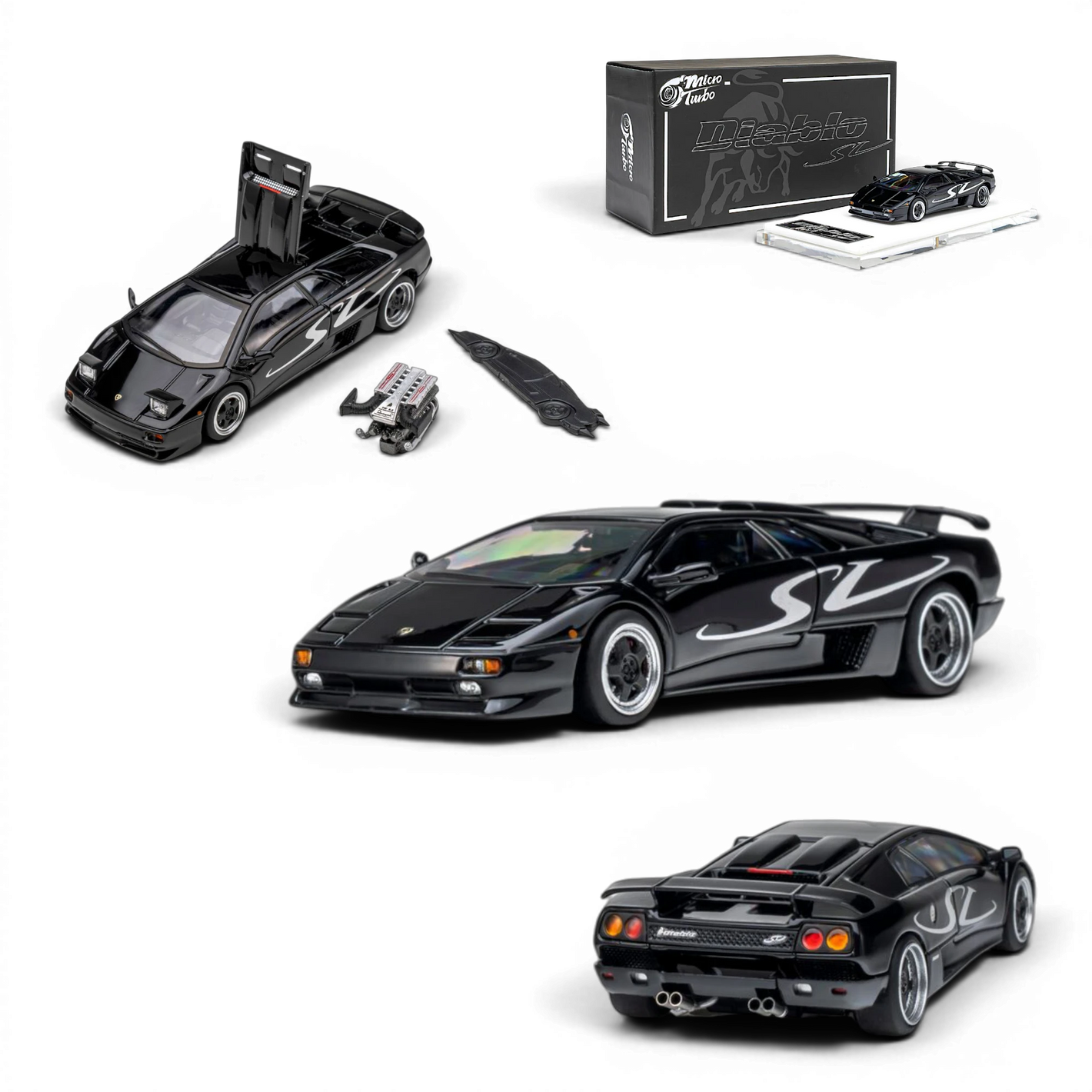 Lot57Supplies Diecast Shop Microturbo 1:64 scale metallic black Lamborghini Diablo SV diecast model with engine detail