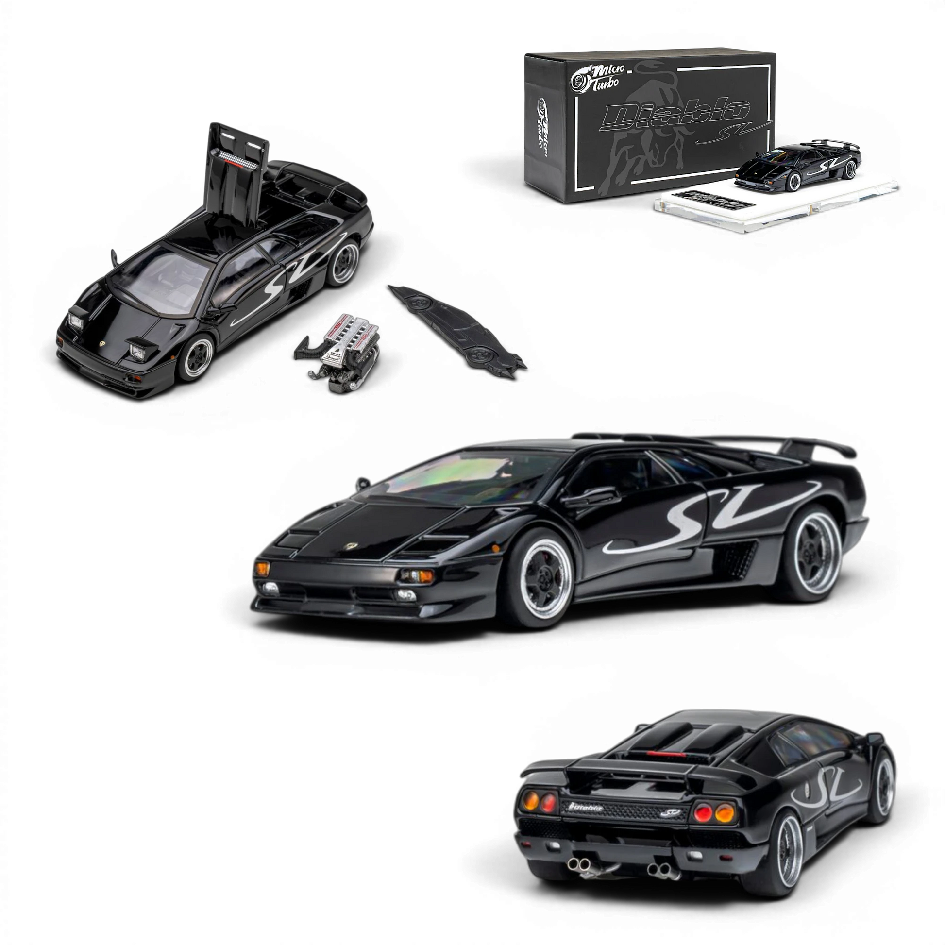 Lot57Supplies Diecast Shop Microturbo 1:64 scale metallic black Lamborghini Diablo SV diecast model with engine detail