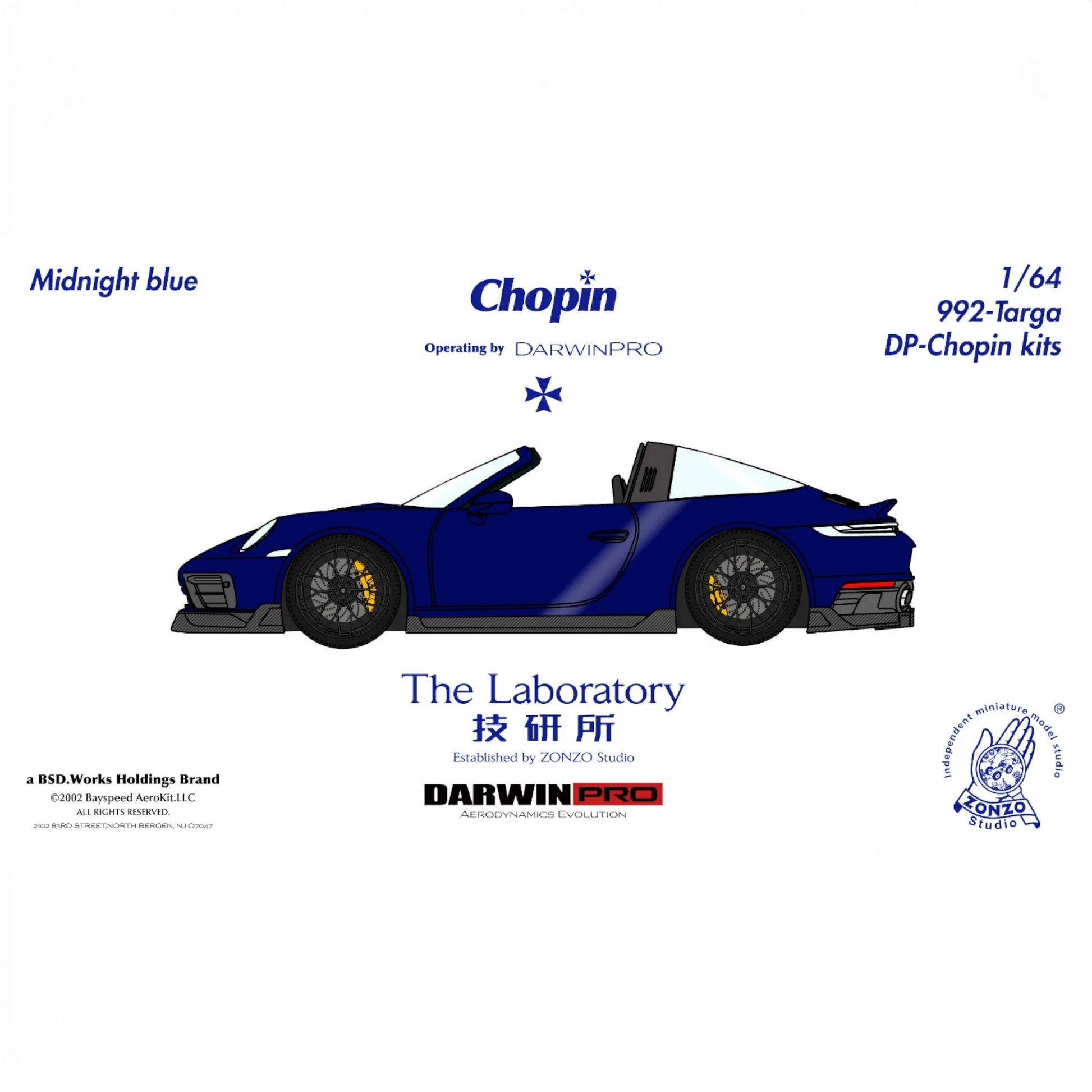 Lot57Supplies Diecast Shop: The Laboratory x DarwinPRO 1:64 scale Midnight Blue Porsche 992 Targa Chopin Kit resin model.