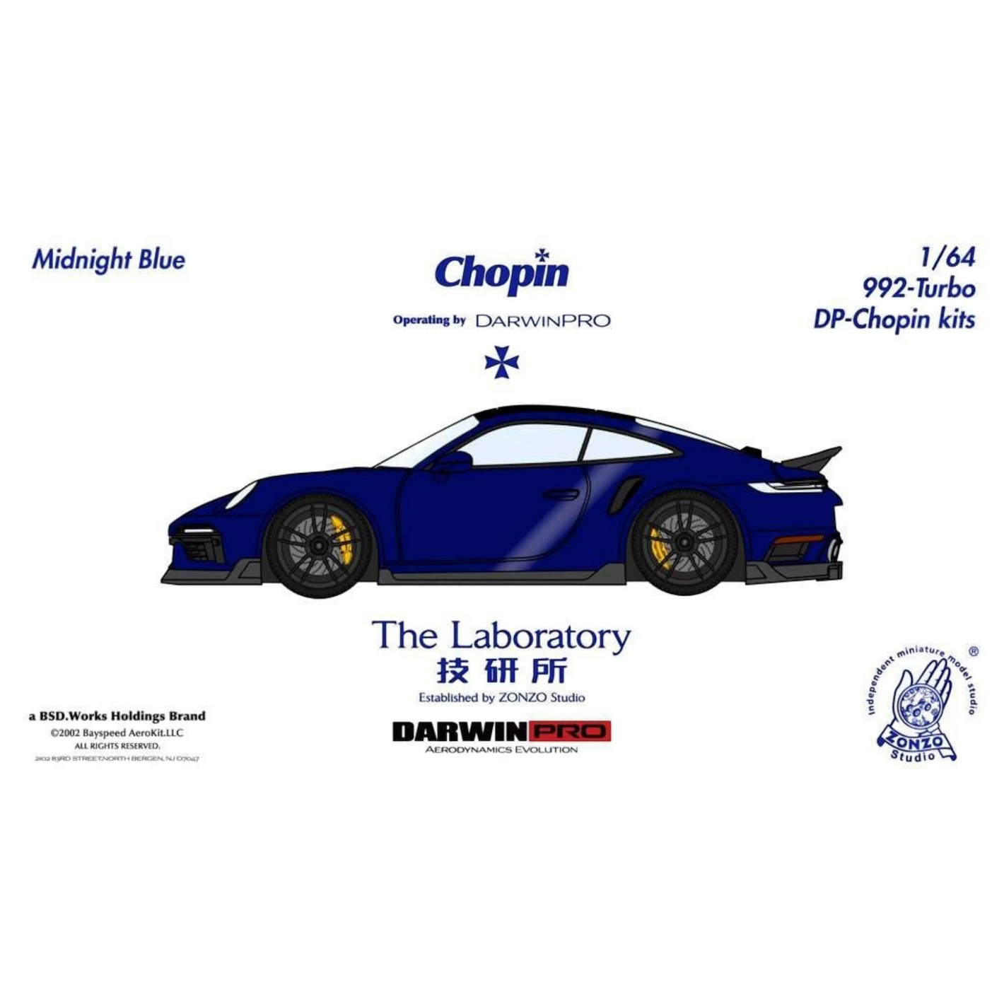 Lot57Supplies Diecast Shop: Midnight blue 1:64 scale resin model of Porsche 992 Turbo Chopin Kit by The Laboratory x DarwinPRO.
