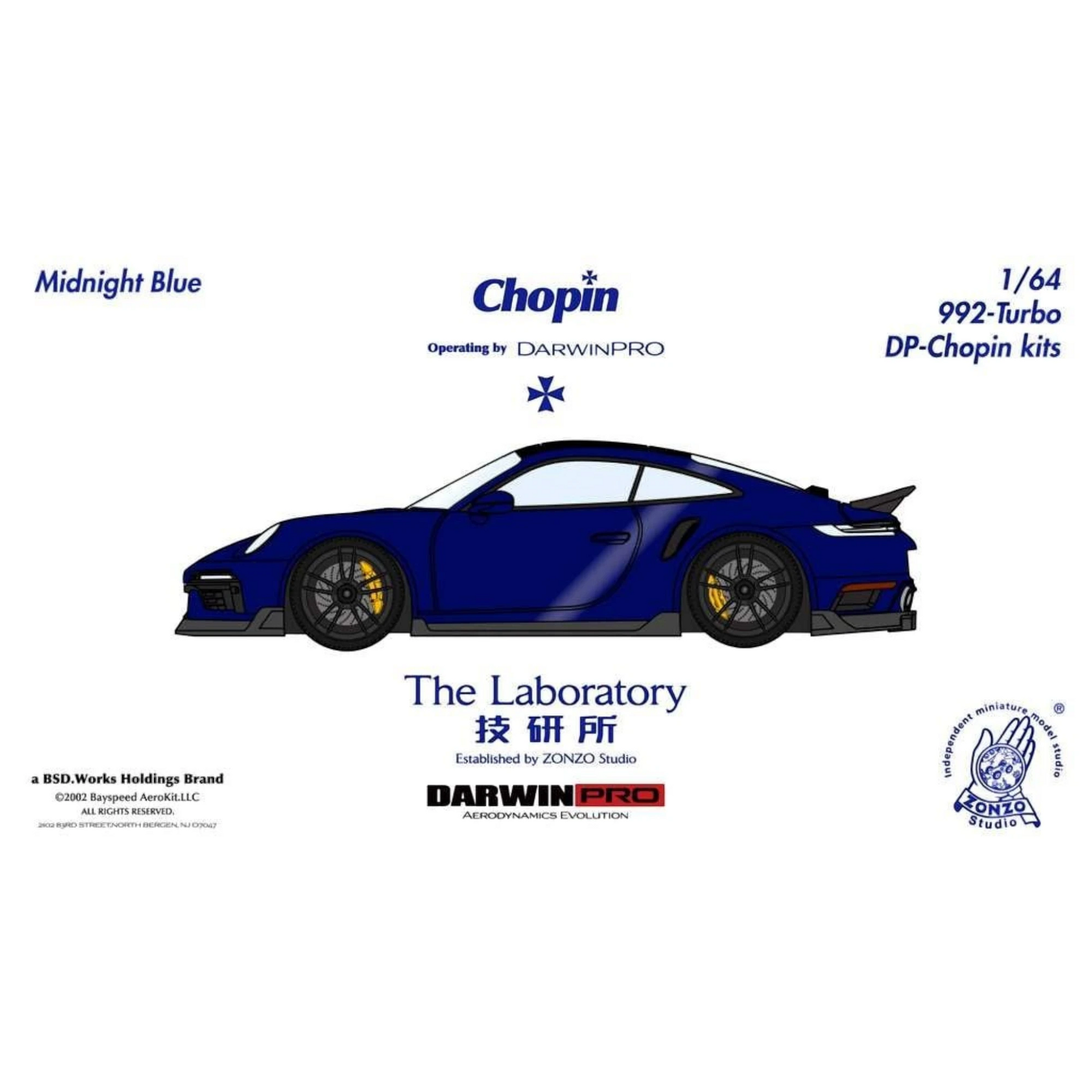 Lot57Supplies Diecast Shop: Midnight blue 1:64 scale resin model of Porsche 992 Turbo Chopin Kit by The Laboratory x DarwinPRO.