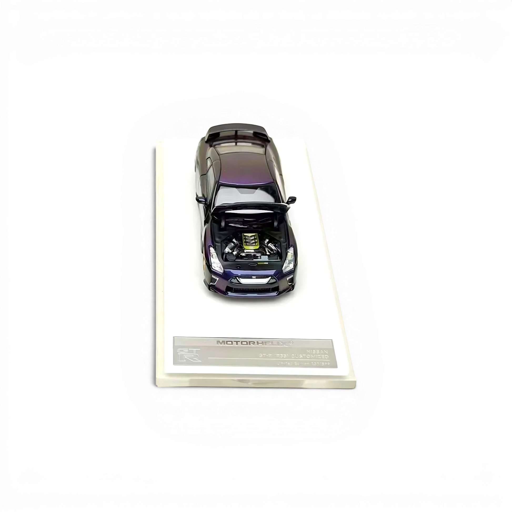 Lot57Supplies Diecast Shop MOTORHELIX 1:64 scale midnight purple Nissan GT-R R35 diecast model with open hood