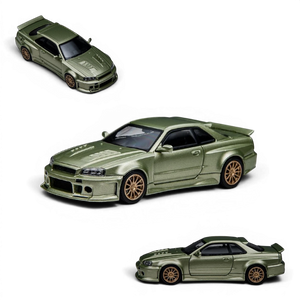 Lot57Supplies Diecast Shop Millennium Jade Nissan Skyline GT-R R34 Smilodon 1:64 scale diecast model with aggressive aero.