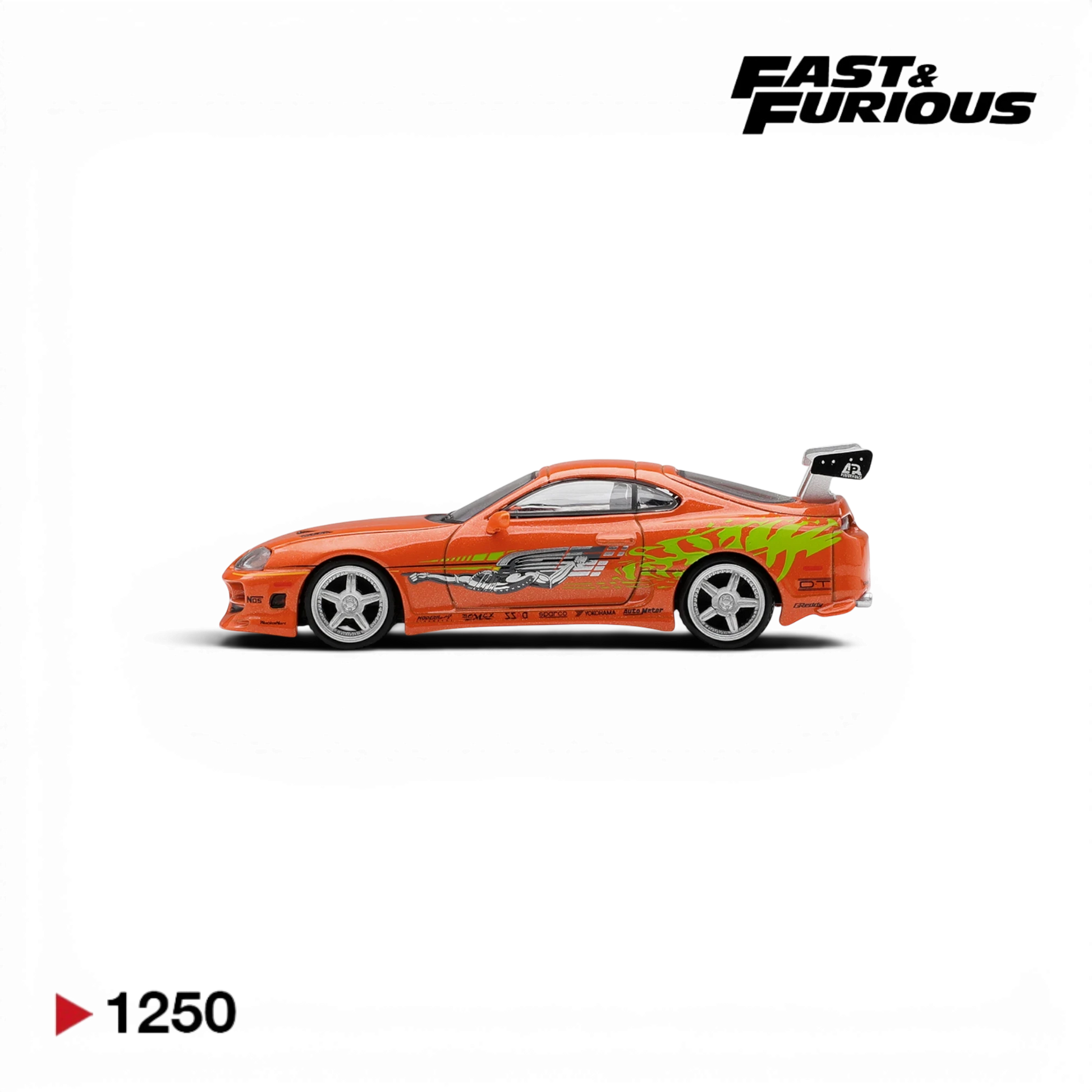 Lot57Supplies Diecast Shop 1:64 scale MiniGT Toyota Supra BOMEX diecast car from Fast & Furious in orange blister pack