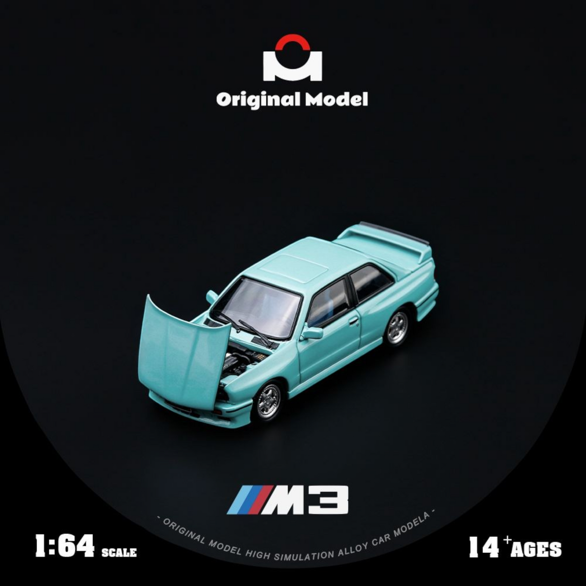 Lot57Supplies Diecast Shop OM E30 M3 diecast model car in mint green with an open hood on a black background