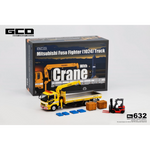 Lot57Supplies Diecast Shop GCD 1:64 scale yellow Mitsubishi Fuso crane truck with forklift and accessories in box