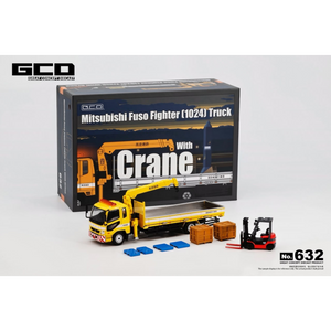 Lot57Supplies Diecast Shop GCD 1:64 scale yellow Mitsubishi Fuso crane truck with forklift and accessories in box