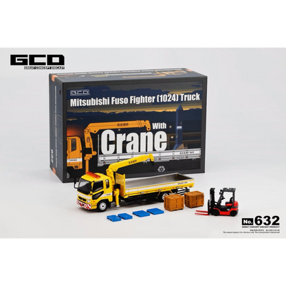 Lot57Supplies Diecast Shop GCD 1:64 scale yellow Mitsubishi Fuso crane truck with forklift and accessories in box
