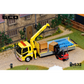 Lot57Supplies Diecast Shop GCD 1:64 scale yellow Mitsubishi Fuso crane truck with a red forklift on a diorama base.