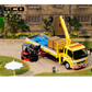 Lot57Supplies Diecast Shop 1:64 scale yellow Mitsubishi Fuso crane truck with red forklift and cargo in a diorama
