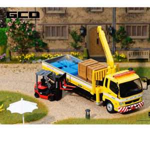 Lot57Supplies Diecast Shop 1:64 scale yellow Mitsubishi Fuso crane truck with red forklift and cargo in a diorama
