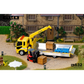 Lot57Supplies Diecast Shop 1:64 scale yellow Mitsubishi Fuso crane truck with forklift and wooden crates in diorama