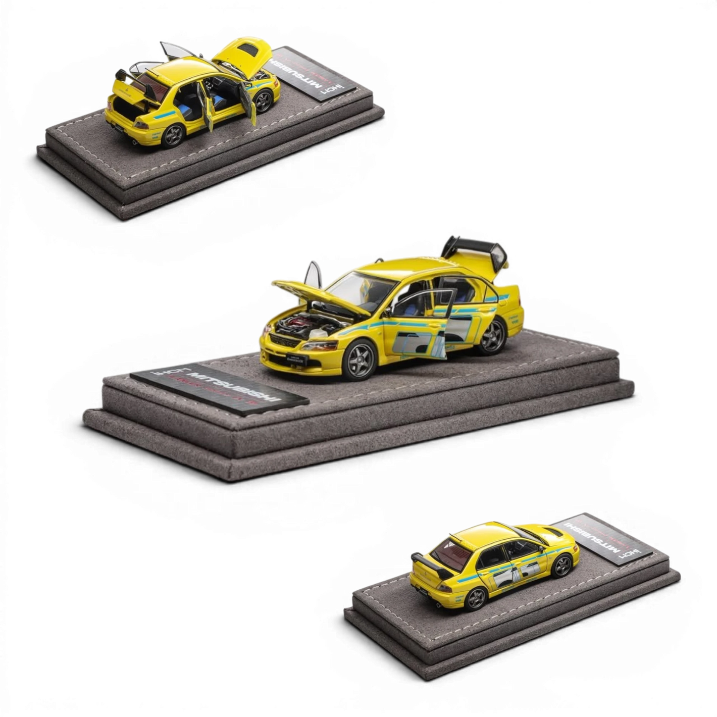 Lot57Supplies Diecast Shop yellow IHCM Mitsubishi Lancer Evolution IX GSR 1:64 scale model with opening doors and hood