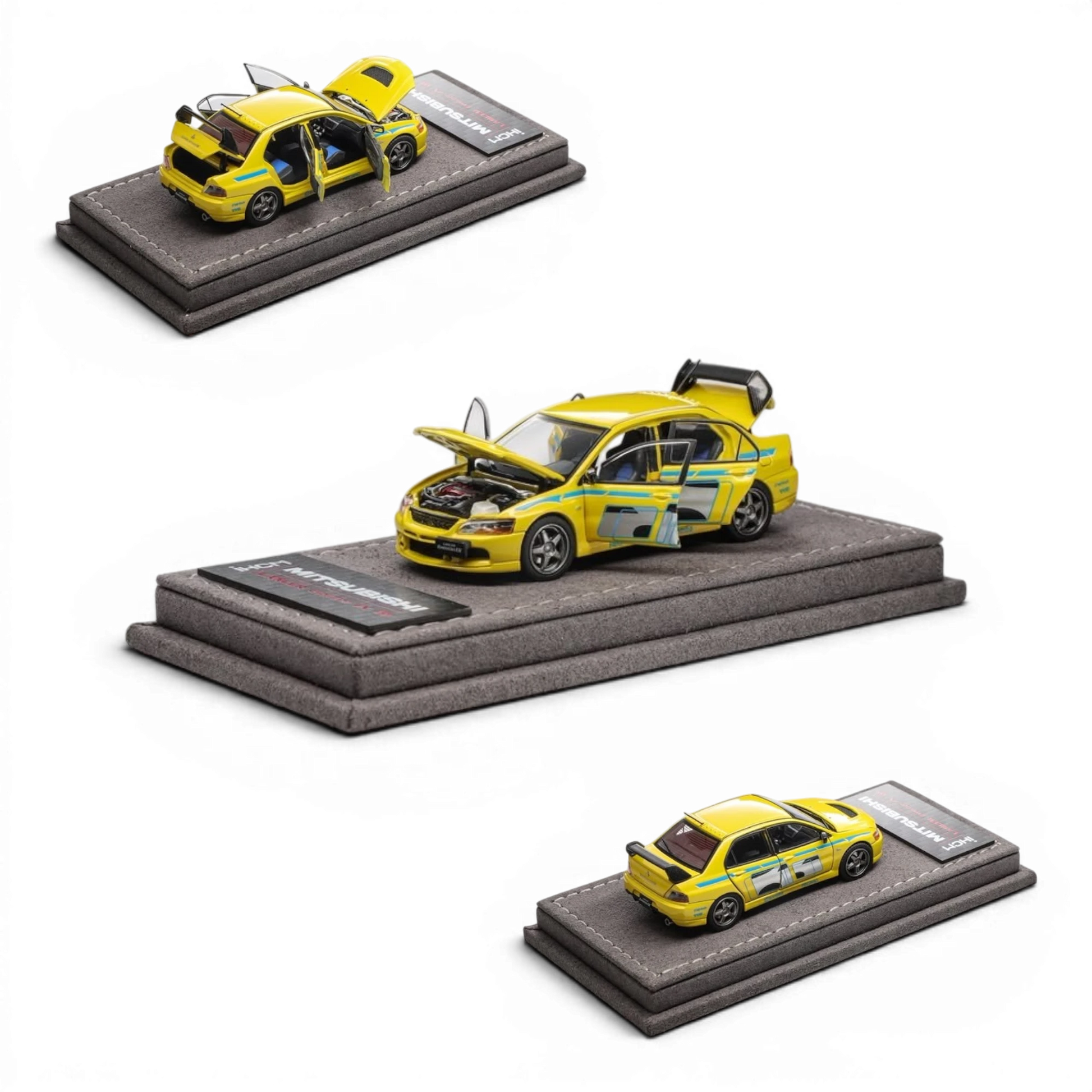 Lot57Supplies Diecast Shop yellow IHCM Mitsubishi Lancer Evolution IX GSR 1:64 scale model with opening doors and hood