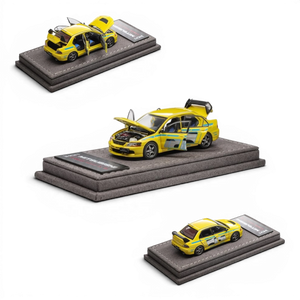 Lot57Supplies Diecast Shop yellow IHCM Mitsubishi Lancer Evolution IX GSR 1:64 scale model with opening doors and hood