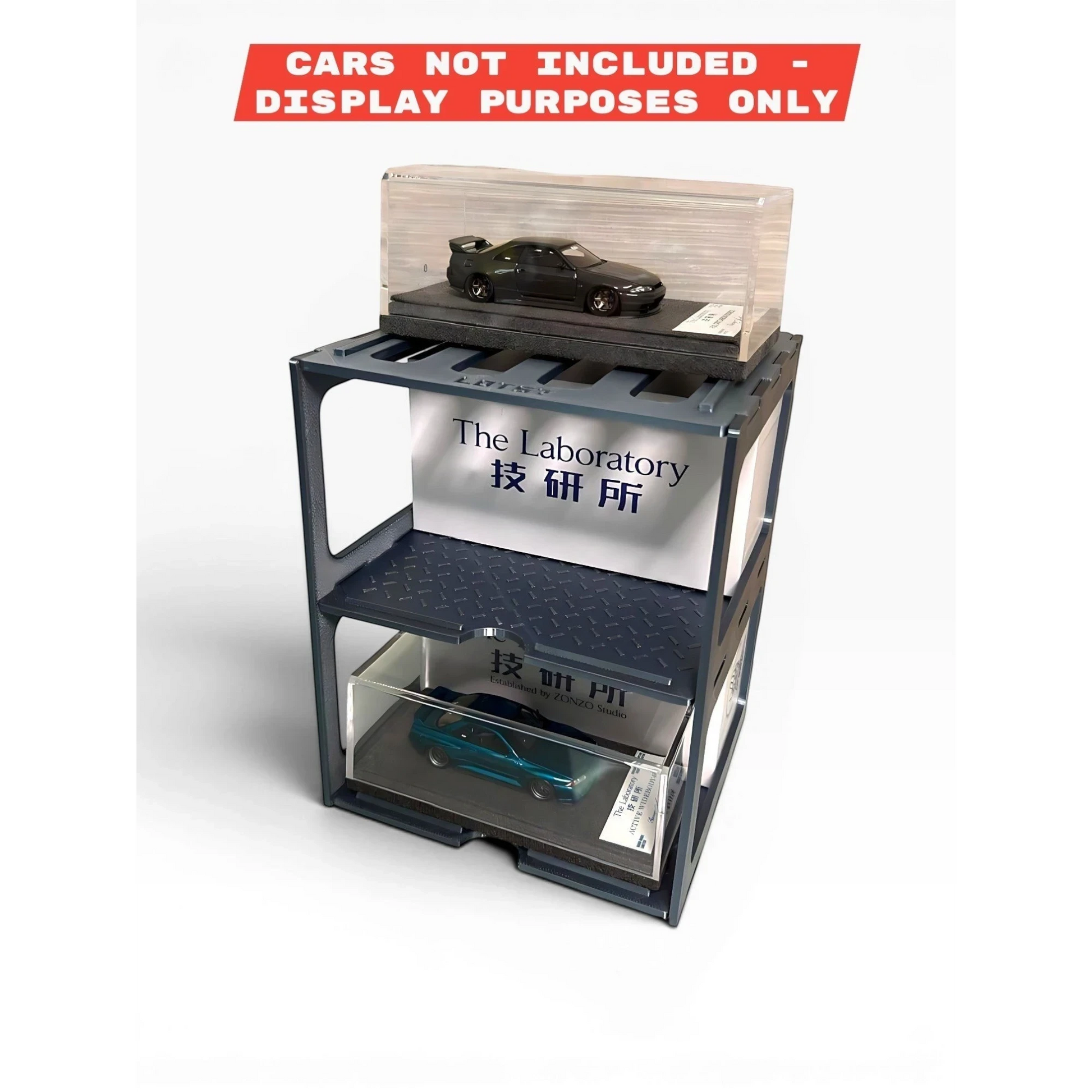 Lot57Supplies Diecast Shop gunmetal modular pit rack display stand with diamond-plate shelves for 1:64 scale cars