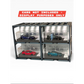 Lot57Supplies Diecast Shop modular gunmetal pit rack holding four 1:64 scale diecast cars in acrylic display cases.