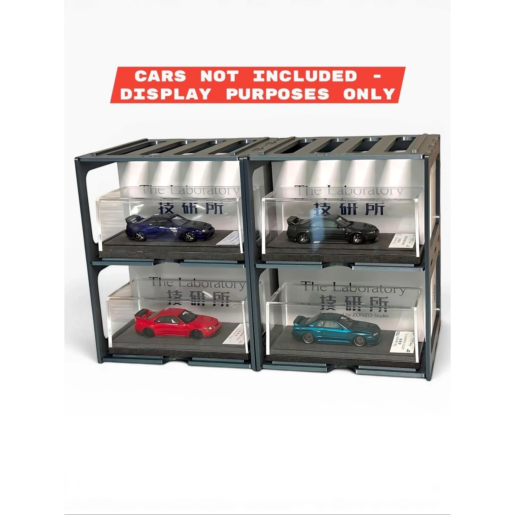 Lot57Supplies Diecast Shop modular gunmetal pit rack holding four 1:64 scale diecast cars in acrylic display cases.
