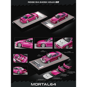 Lot57Supplies Diecast Shop electric pink 1:64 scale Mortal S14 Silvia Vertex Ridge model car with removable bumpers, engine, and hood.