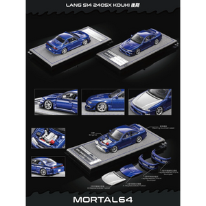 Lot57Supplies Diecast Shop: Mortal Nissan S14 Silvia Vertex Ridge 1:64 scale model in midnight blue diecast with removable bumpers and engine.
