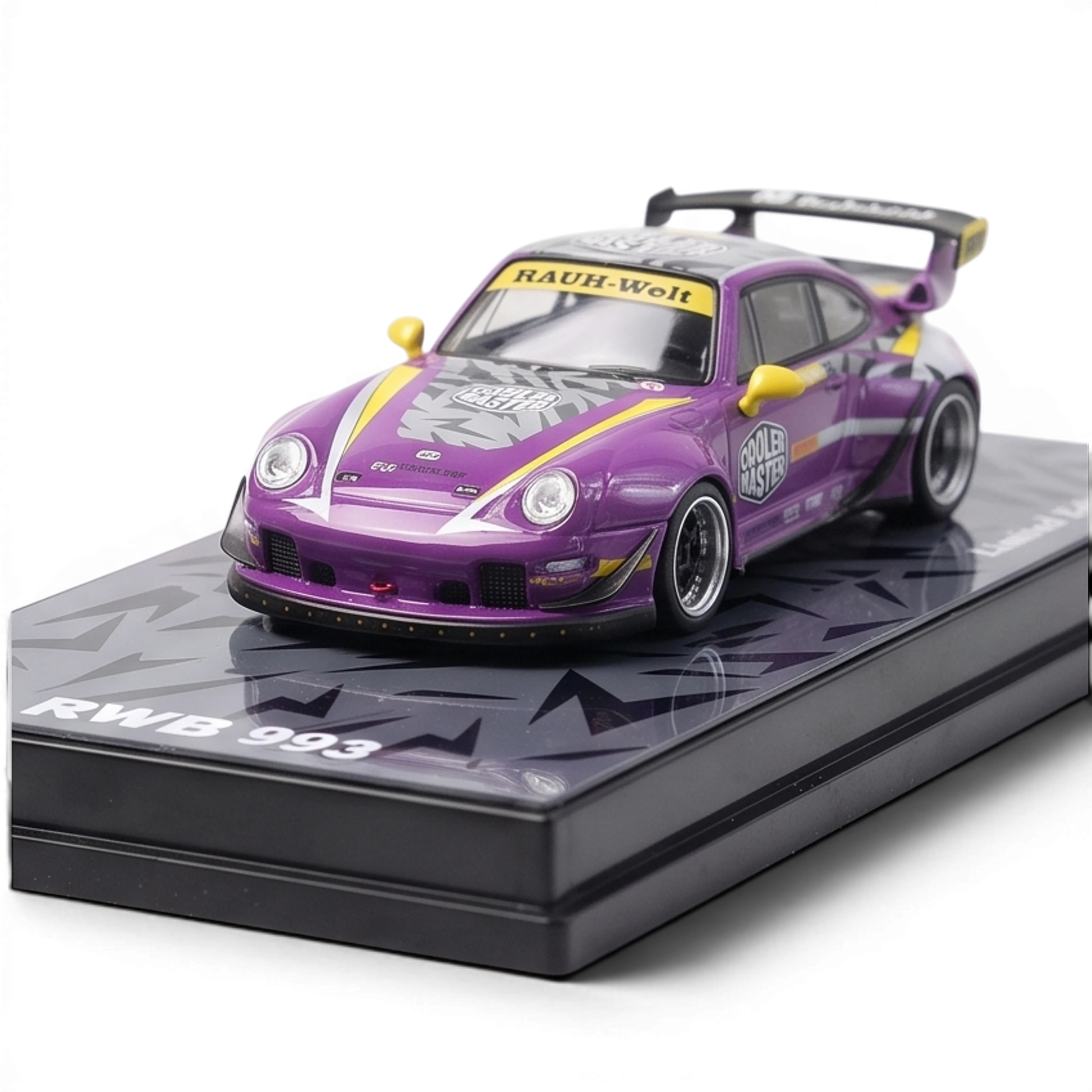 Lot57Supplies Diecast Shop motokit RWB 993 diecast car in purple Old Altar livery with yellow accents on display base