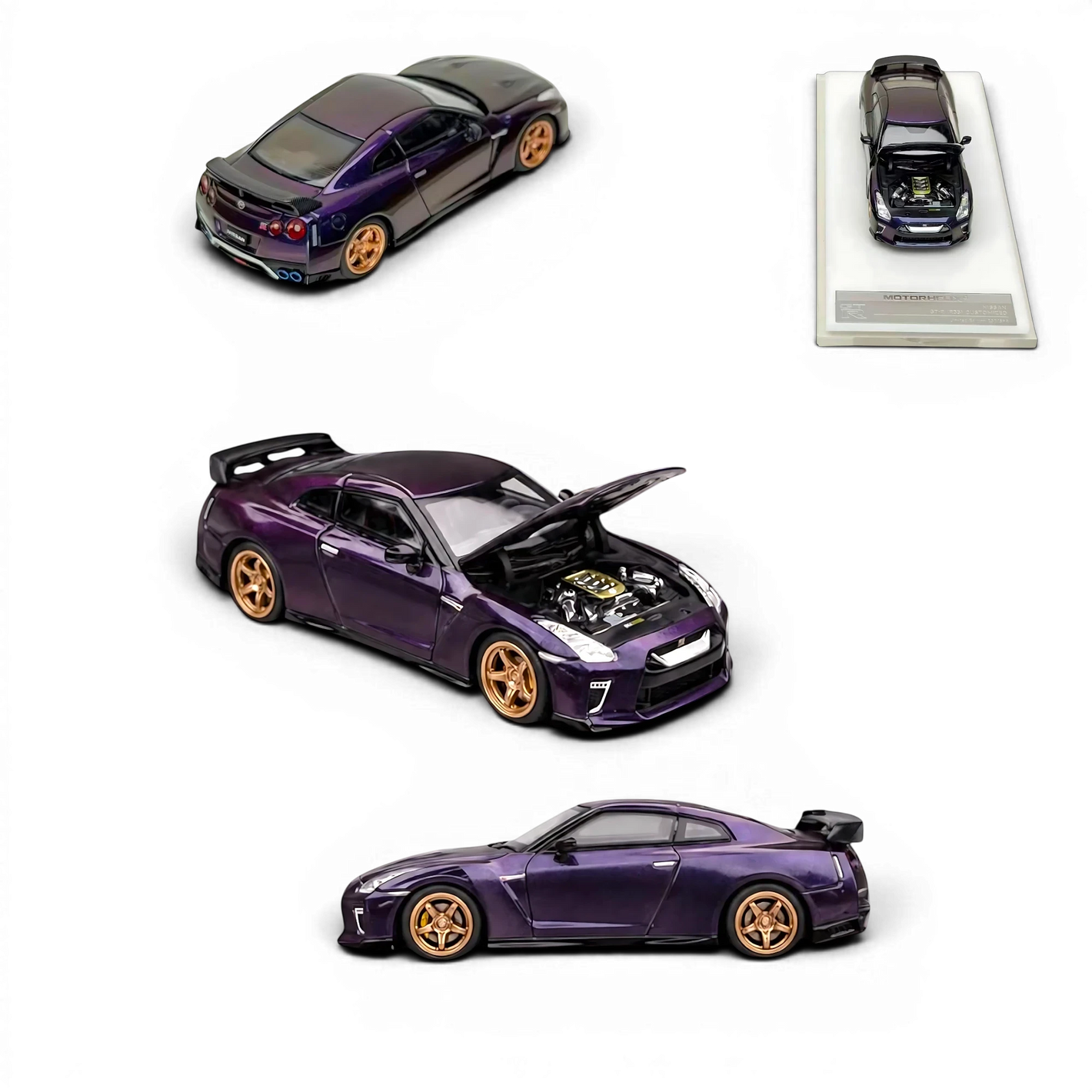 Lot57Supplies Diecast Shop MOTORHELIX 1:64 scale 2021 Nissan GT-R R35 diecast model in Midnight Purple with gold wheels