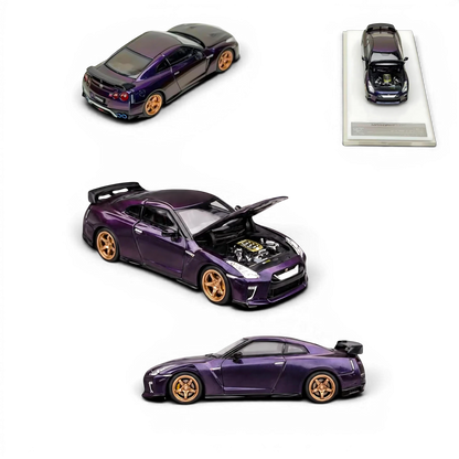 Lot57Supplies Diecast Shop MOTORHELIX 1:64 scale 2021 Nissan GT-R R35 diecast model in Midnight Purple with gold wheels