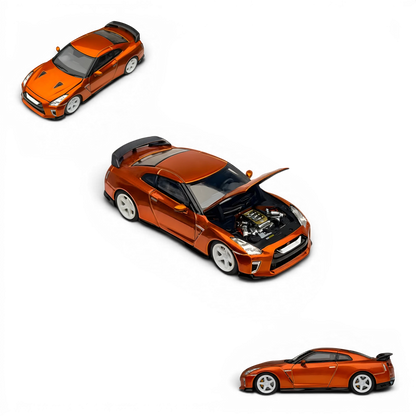 Lot57Supplies Diecast Shop MOTORHELIX 1:64 scale diecast Nissan GT-R R35 in sunset orange with white wheels.