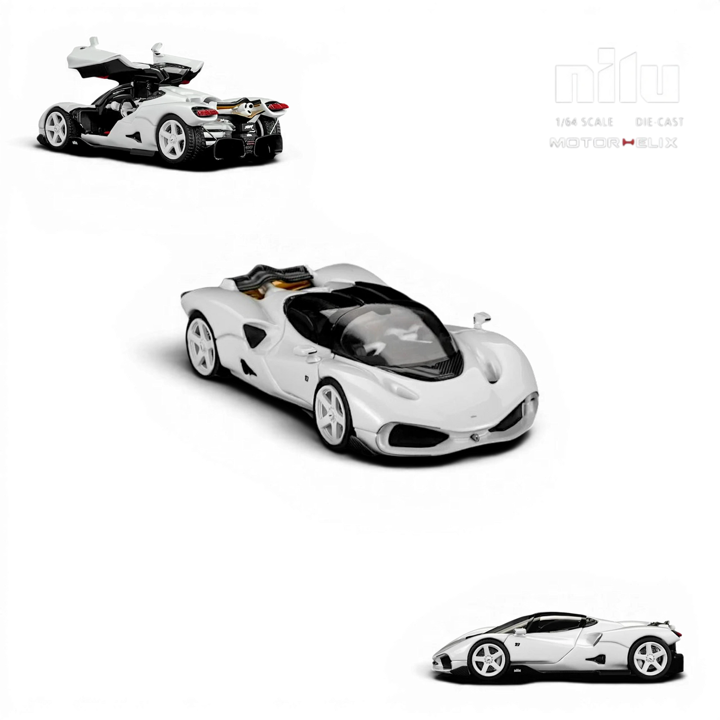 Lot57Supplies Diecast Shop MotorHelix Nilu 1:64 scale model car in Suzuka White with gull-wing doors open, V12 engine, and acrylic base.