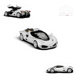 Lot57Supplies Diecast Shop MotorHelix Nilu 1:64 scale model car in Suzuka White with gull-wing doors open, V12 engine, and acrylic base.