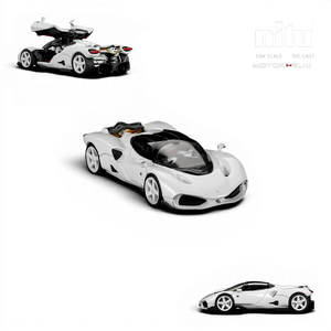 Lot57Supplies Diecast Shop MotorHelix Nilu 1:64 scale model car in Suzuka White with gull-wing doors open, V12 engine, and acrylic base.