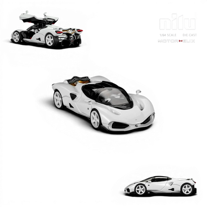 Lot57Supplies Diecast Shop MotorHelix Nilu 1:64 scale model car in Suzuka White with gull-wing doors open, V12 engine, and acrylic base.