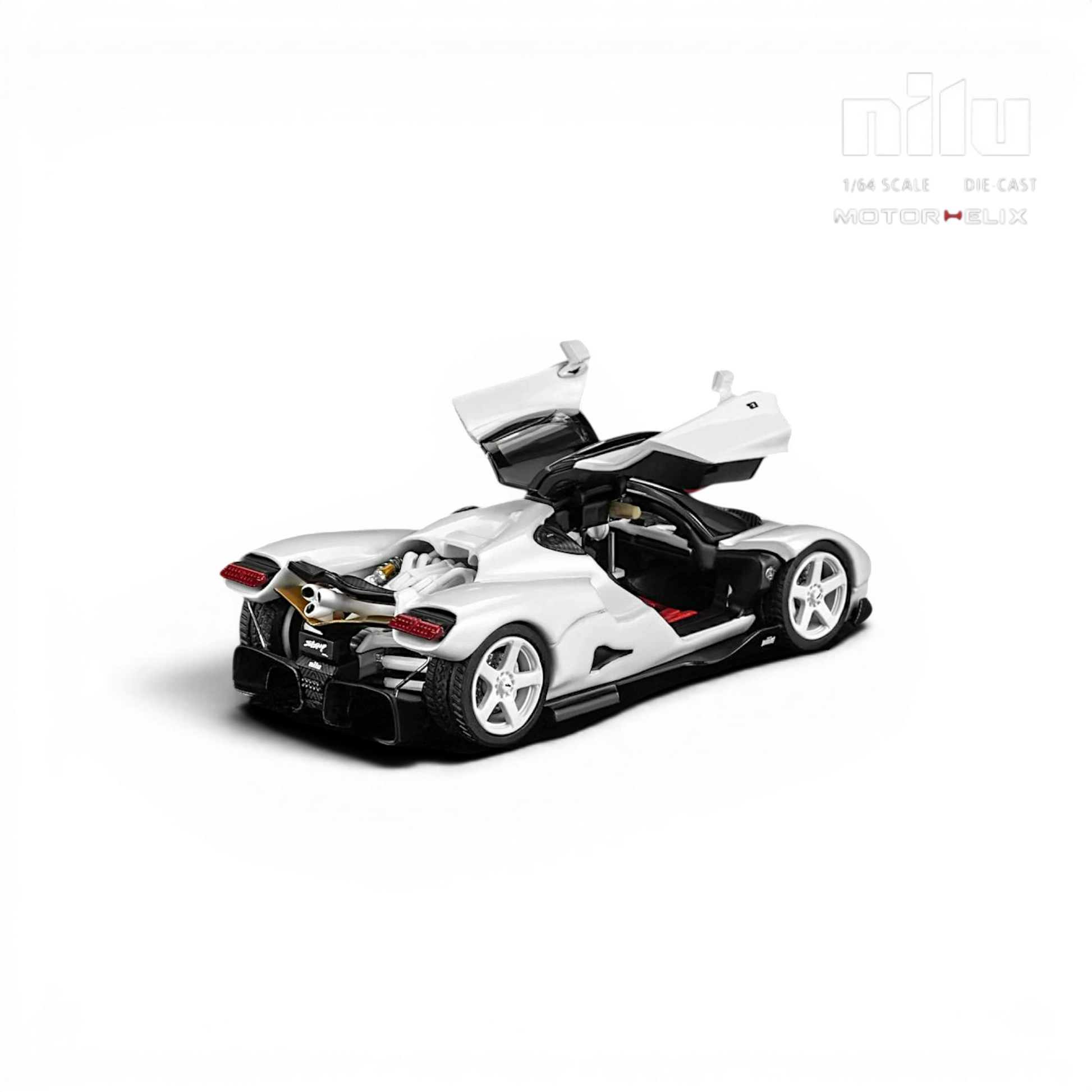 Lot57Supplies Diecast Shop MotorHelix Nilu 1:64 scale model in Suzuka White with gull-wing doors open, showing V12 engine.