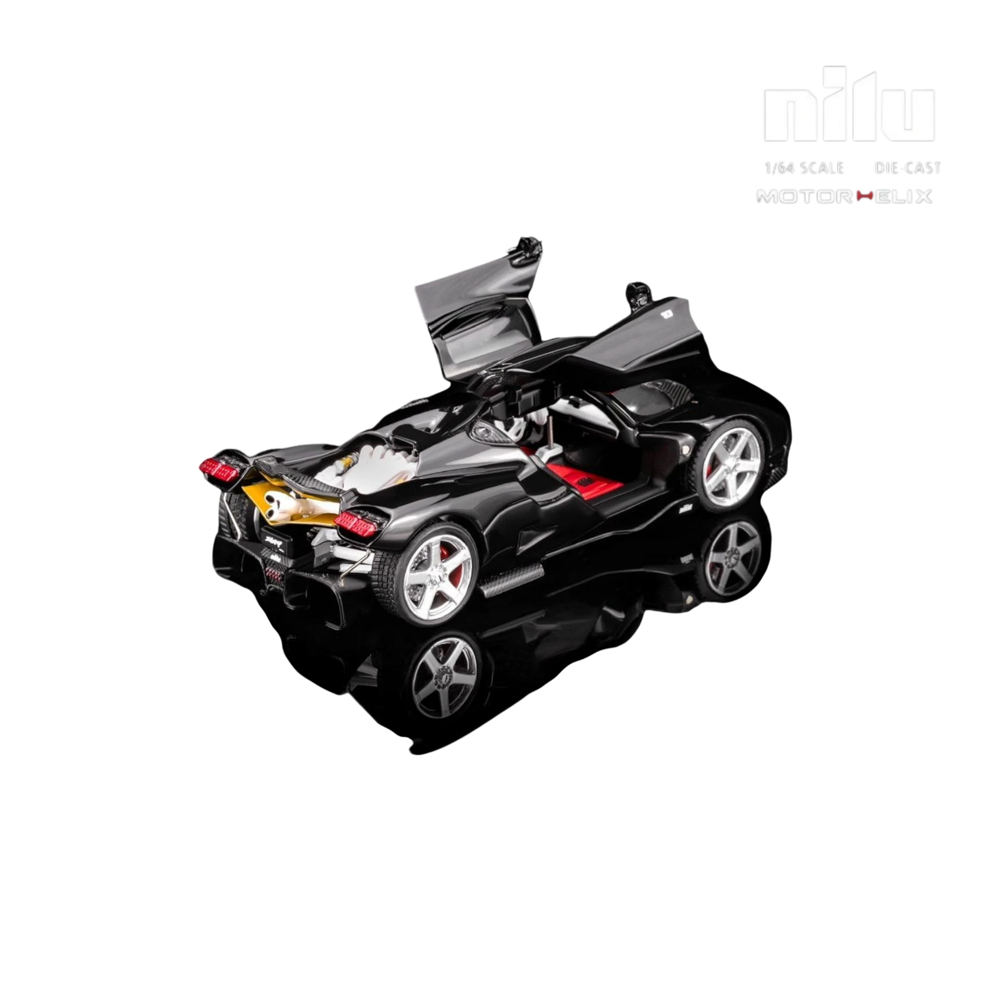 Lot57Supplies Diecast Shop MotorHelix Nilu 1:64 scale model in black with gull-wing doors open, showing V12 engine and red interior.
