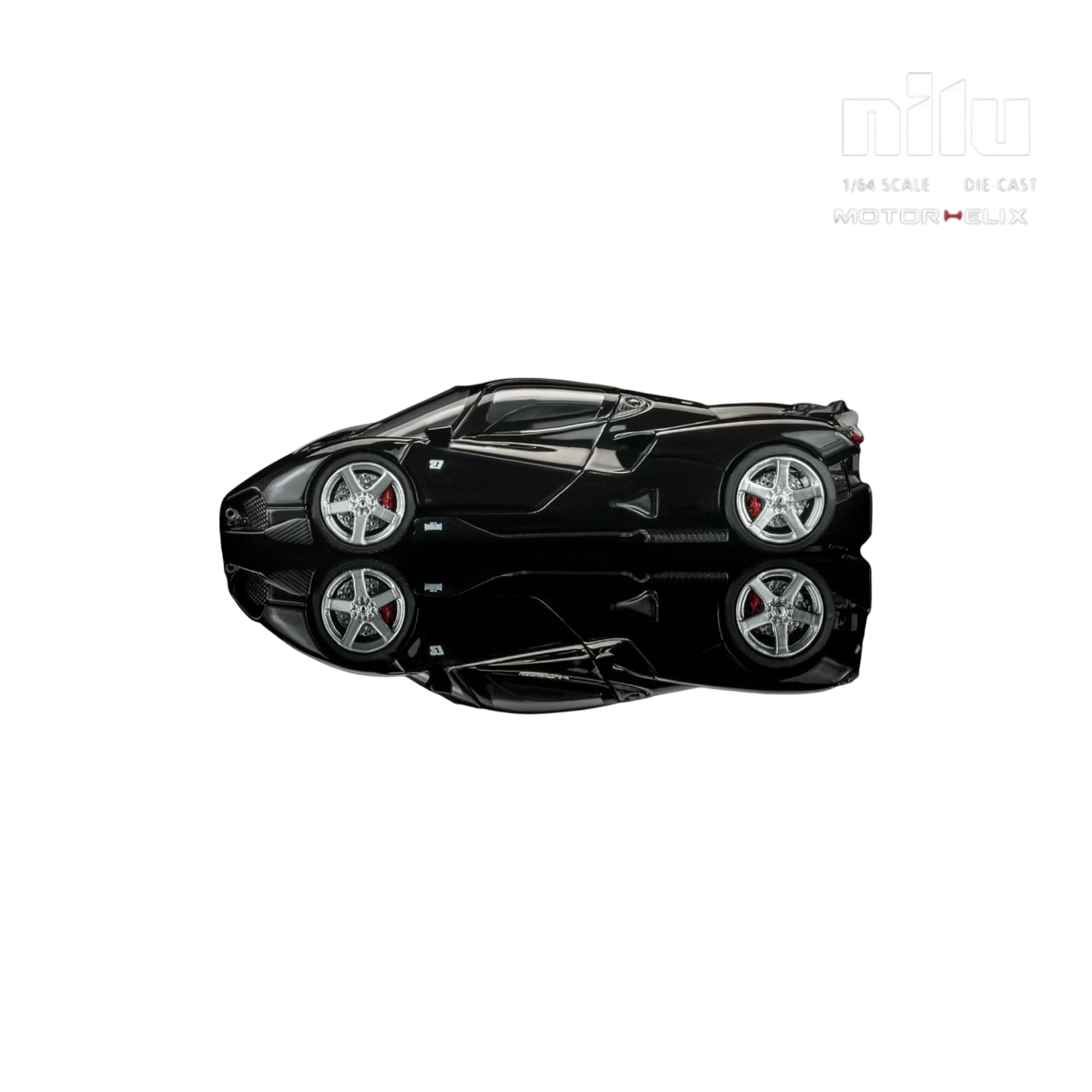 Lot57Supplies Diecast Shop black 1:64 scale MotorHelix Nilu model car with gull-wing doors and visible V12 engine.
