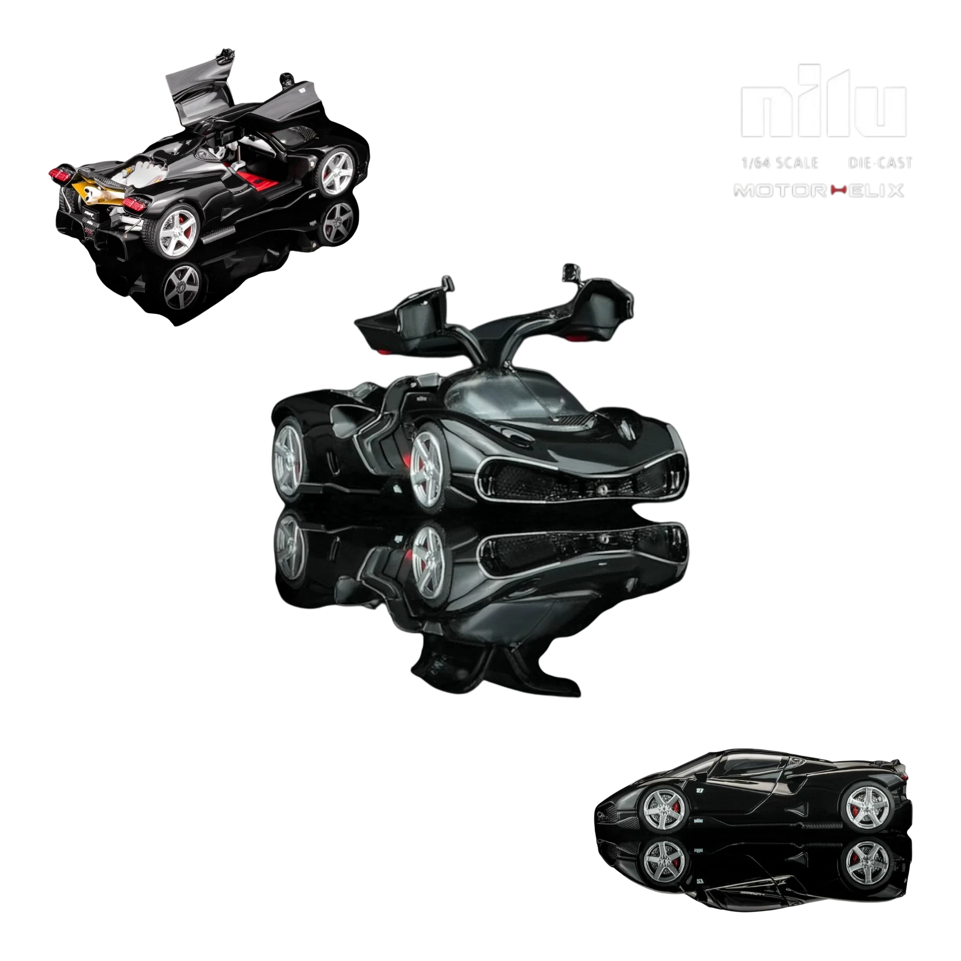 Lot57Supplies Diecast Shop MotorHelix Nilu 1:64 scale black hypercar with gull-wing doors open, V12 engine detail.
