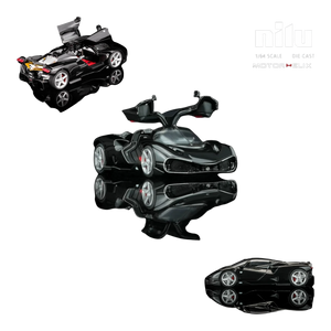Lot57Supplies Diecast Shop MotorHelix Nilu 1:64 scale black hypercar with gull-wing doors open, V12 engine detail.