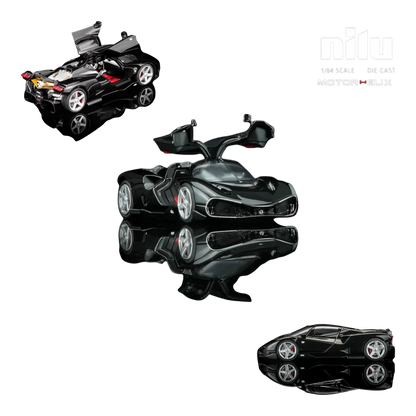 Lot57Supplies Diecast Shop MotorHelix Nilu 1:64 scale black hypercar with gull-wing doors open, V12 engine detail.
