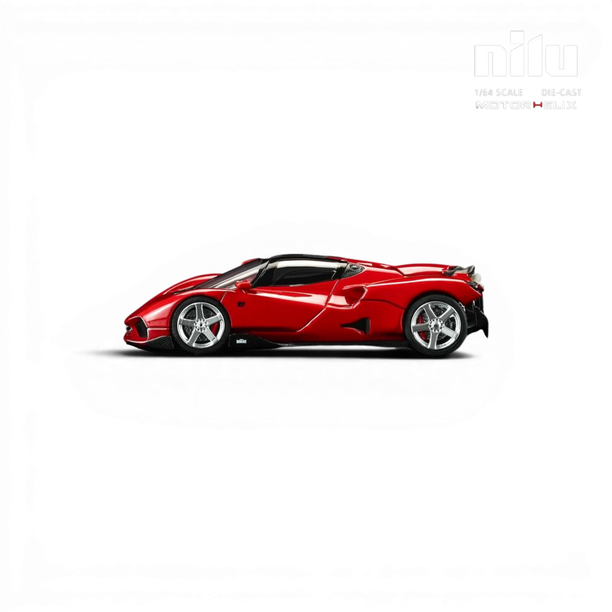 Lot57Supplies Diecast Shop MotorHelix Nilu Gilles Red 1:64 scale diecast model car with opening gull-wing doors and visible V12 engine.