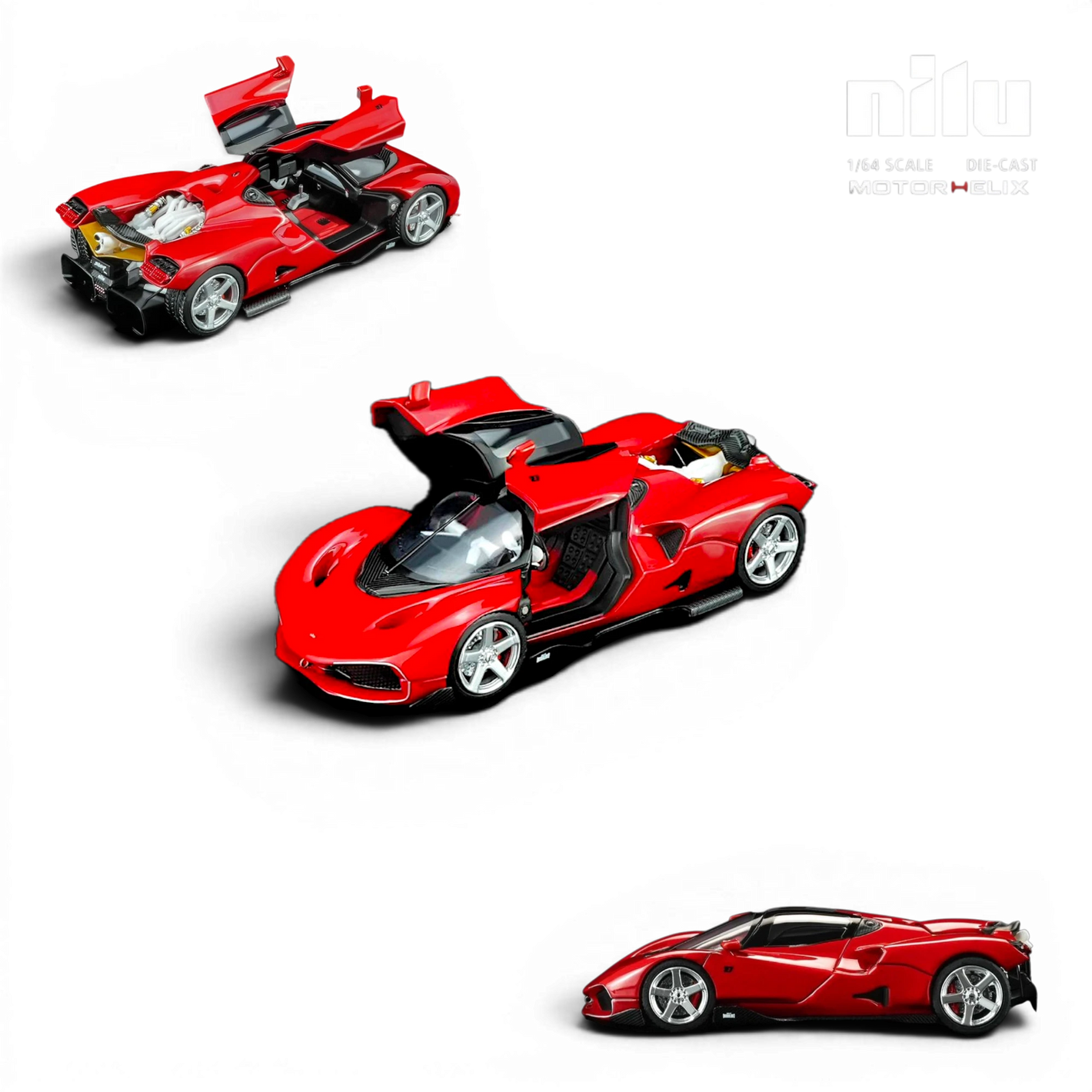 Lot57Supplies Diecast Shop MotorHelix Nilu 1:64 scale red die-cast model car with gull-wing doors open and visible V12 engine.