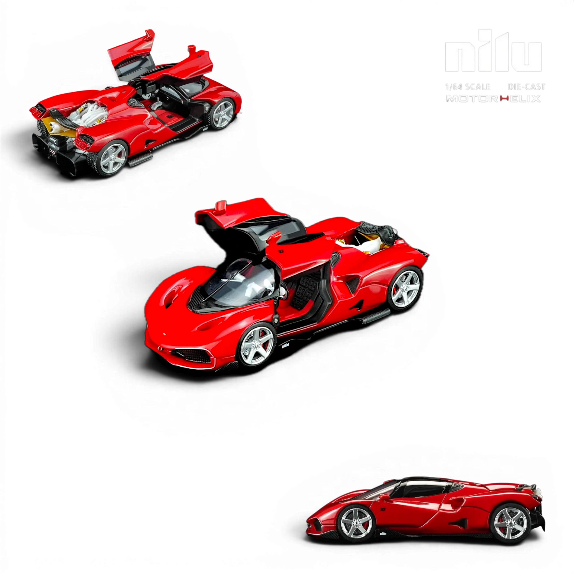 Lot57Supplies Diecast Shop MotorHelix Nilu 1:64 scale red die-cast model car with gull-wing doors open and visible V12 engine.