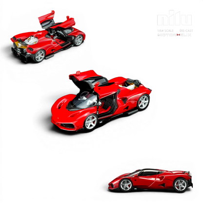 Lot57Supplies Diecast Shop MotorHelix Nilu 1:64 scale red die-cast model car with gull-wing doors open and visible V12 engine.