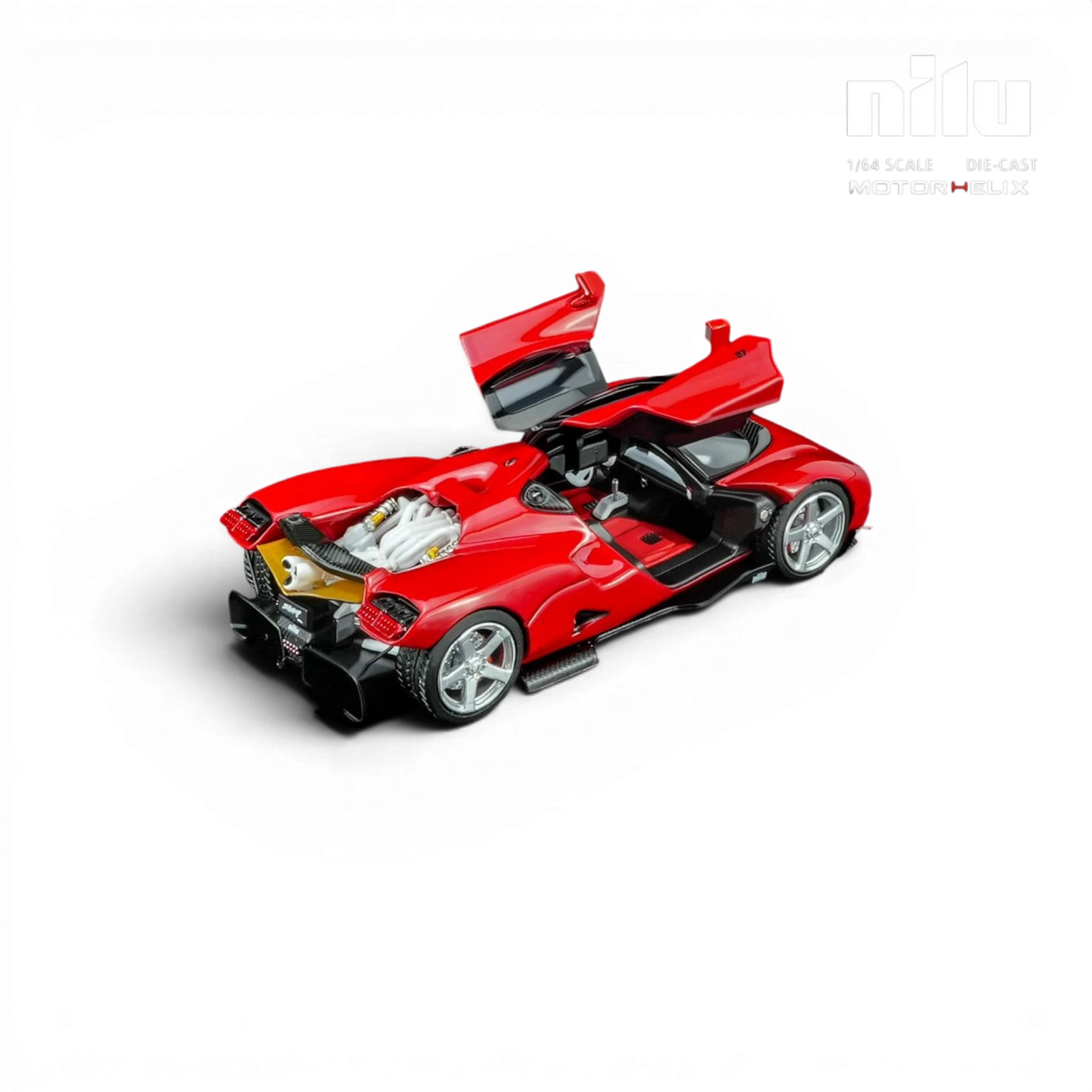 Lot57Supplies Diecast Shop MotorHelix Nilu 1:64 scale red die-cast model car with gull-wing doors open, showing V12 engine.