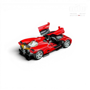 Lot57Supplies Diecast Shop MotorHelix Nilu 1:64 scale red die-cast model car with gull-wing doors open, showing V12 engine.