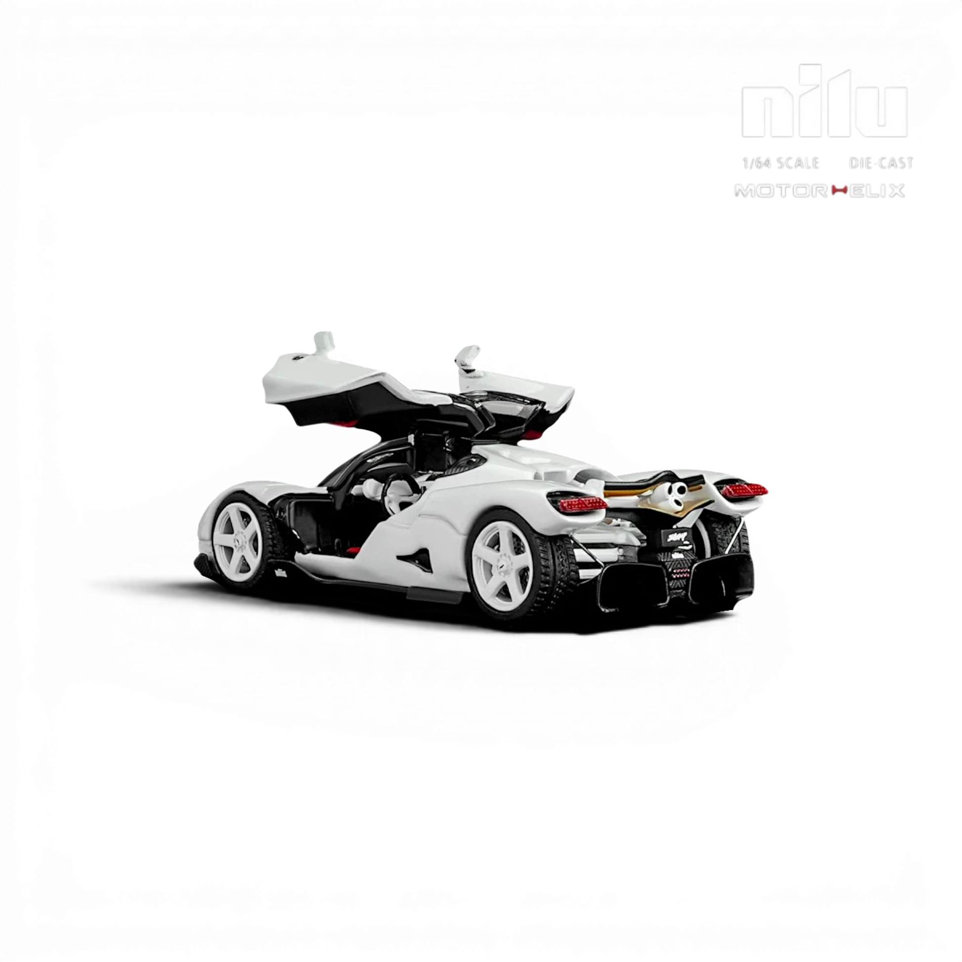 Lot57Supplies Diecast Shop MotorHelix Nilu 1:64 scale model in Suzuka White with gull-wing doors open, showing V12 engine.
