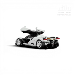 Lot57Supplies Diecast Shop MotorHelix Nilu 1:64 scale model in Suzuka White with gull-wing doors open, showing V12 engine.