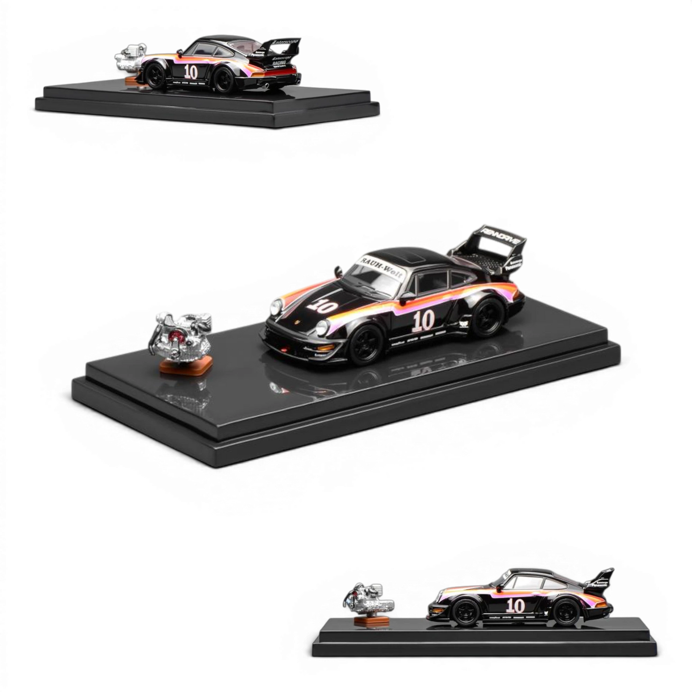 Lot57Supplies Diecast Shop MotorHelix RWB 964 #10 1:64 scale model car with engine replica. Black diecast with orange and pink racing stripes.