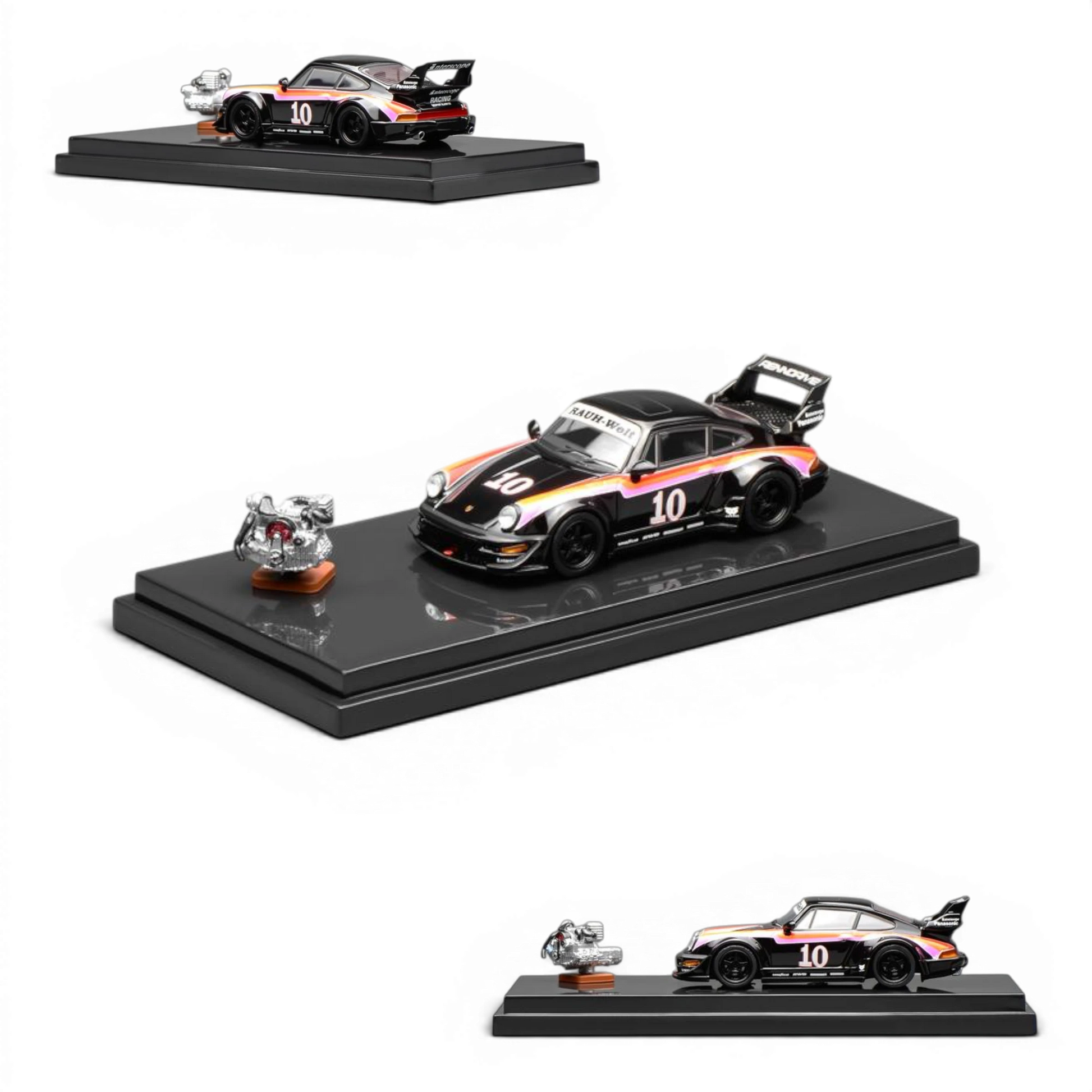 Lot57Supplies Diecast Shop MotorHelix RWB 964 #10 1:64 scale model car with engine replica. Black diecast with orange and pink racing stripes.