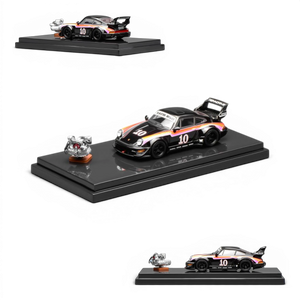 Lot57Supplies Diecast Shop MotorHelix RWB 964 #10 1:64 scale model car with engine replica. Black diecast with orange and pink racing stripes.